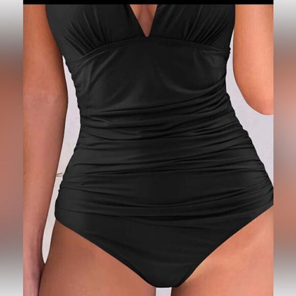 Black Halter Backless Ruched One Piece Swimsuit. - Picture 3 of 6